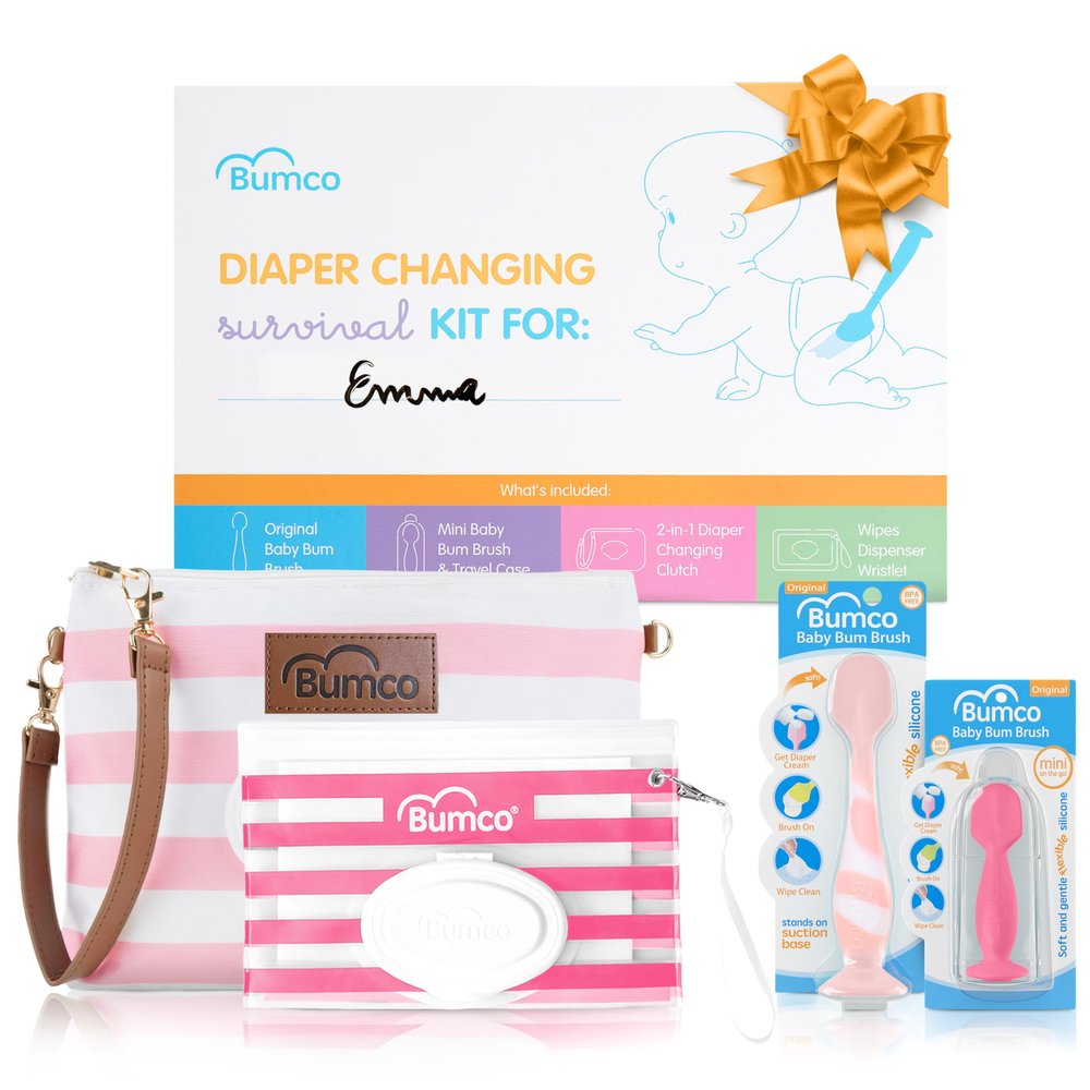 Bumco Baby Essentials Set - Personalized Diaper-Changing Baby Shower Gifts for Girls, Baby Gift Set with 2 Baby Bum Brushes (Original & Mini) + Diaper Clutch Bag + Wipes Wristlet, Newborn Gift Set