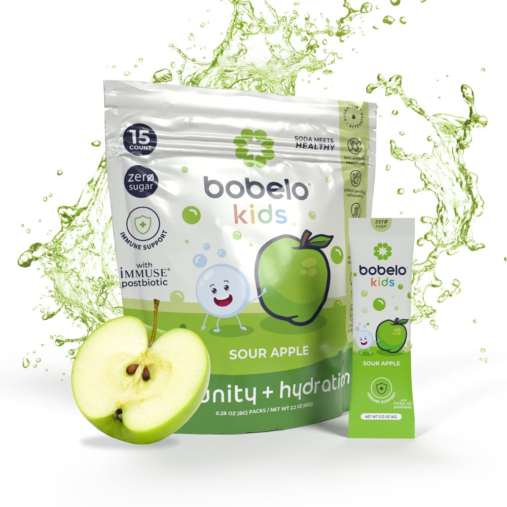 Bobelo Self Carbonating Hydration Packets | Low Calorie Drink Mix, Electrolytes Powder Packets | Keto Friendly, Low Sugar Water Enhancer | Soda & Sparkling Water Alternative | Sour Apple (15ct)