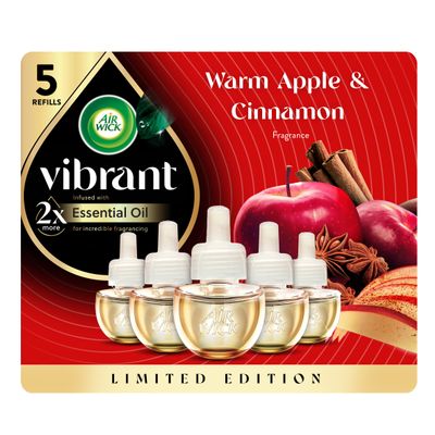 Air Wick Vibrant Plug in Scented Oil Refill, Infused with Essential Oils, Plug in Air Fresheners for Home, Fall Scent, Fall Dcor, Warm Apple & Cinnamon, 5 ct
