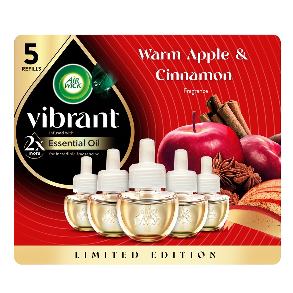 Air Wick Vibrant Plug in Scented Oil Refill, Infused with Essential Oils, Plug in Air Fresheners for Home, Fall Scent, Fall Dcor, Warm Apple & Cinnamon, 5 ct