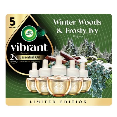 Air Wick Vibrant Plug in Scented Oil Refill, Infused with Essential Oils, Plug in Air Fresheners for Home, Winter Woods & Frosted Ivy, 5 ct