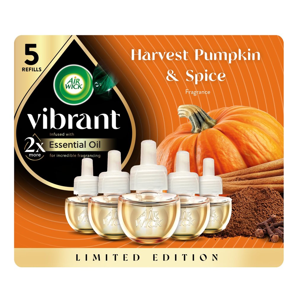 Air Wick Plug in Scented Oil Refill, Infused with Essential Oils, Plug in Air Fresheners for Home, Fall Scent, Fall Dcor, Harvest Pumpkin & Spice, 5 ct