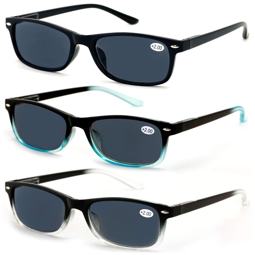 V.W.E. 3 Pairs Rectangular Lightweight Reading SunGlasses Outdoor Readers Glasses - NOT Bifocal (3 Black Assorted, 3.25, x)