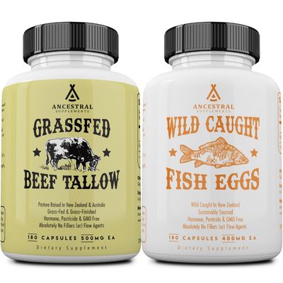 Ancestral Supplements Grass-Fed Beef Tallow 3000mg & Wild Caught Omega 3 Fish Oil 2400mg Capsules, Nourishing Kidney Fat & Fish Eggs Supplements, Vitamins D/K2, Non-GMO, 180 Capsules (Bundle 2 Pack)