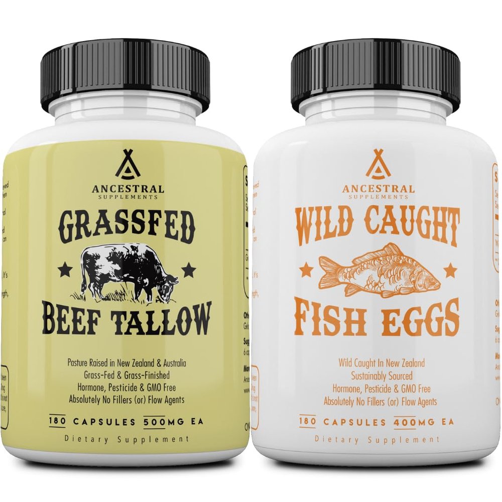 Ancestral Supplements Grass-Fed Beef Tallow 3000mg & Wild Caught Omega 3 Fish Oil 2400mg Capsules, Nourishing Kidney Fat & Fish Eggs Supplements, Vitamins D/K2, Non-GMO, 180 Capsules (Bundle 2 Pack)