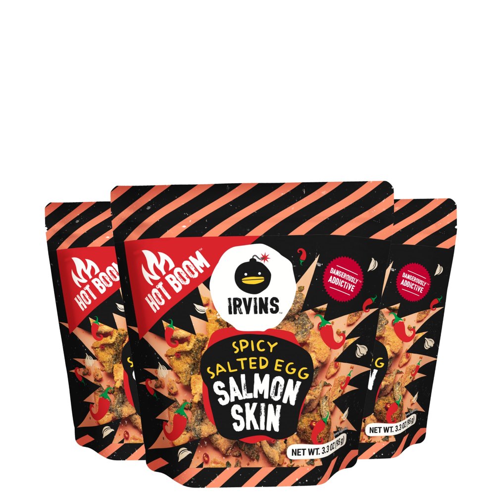 IRVINS Hot Boom Spicy Salted Egg Salmon Skin Chips & Crisps Premium Hand Cooked, Halal, Keto-Friendly, High Protein Snack, Dangerously Addictive, Real Salted Egg, Spicy, (3.3 oz, Pack of 3)
