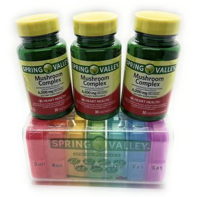 3 Bottles of Spring Valley Mushroom Complex Dietary Supplement, 6,200mg, 30 Capsules Each Bottle. Plus Bonus 7 Day Pill Case.