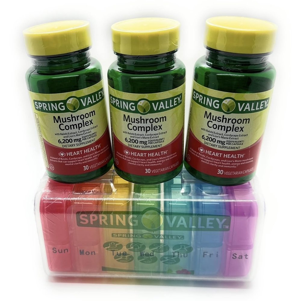 3 Bottles of Spring Valley Mushroom Complex Dietary Supplement, 6,200mg, 30 Capsules Each Bottle. Plus Bonus 7 Day Pill Case.