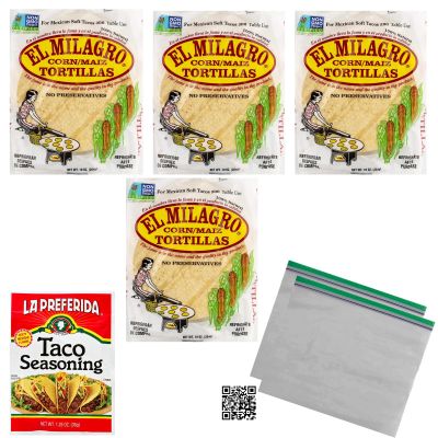 2 packs of El Milagro Corn Tortillas 10 cnt 12 oz, 1 oz La Preferida Taco Seasoning Mix, 2 stay fresh zipper bags for keeping your unused tortillas fresh in the refrigerator, plus QU code magnet for ez-reordering. (2)