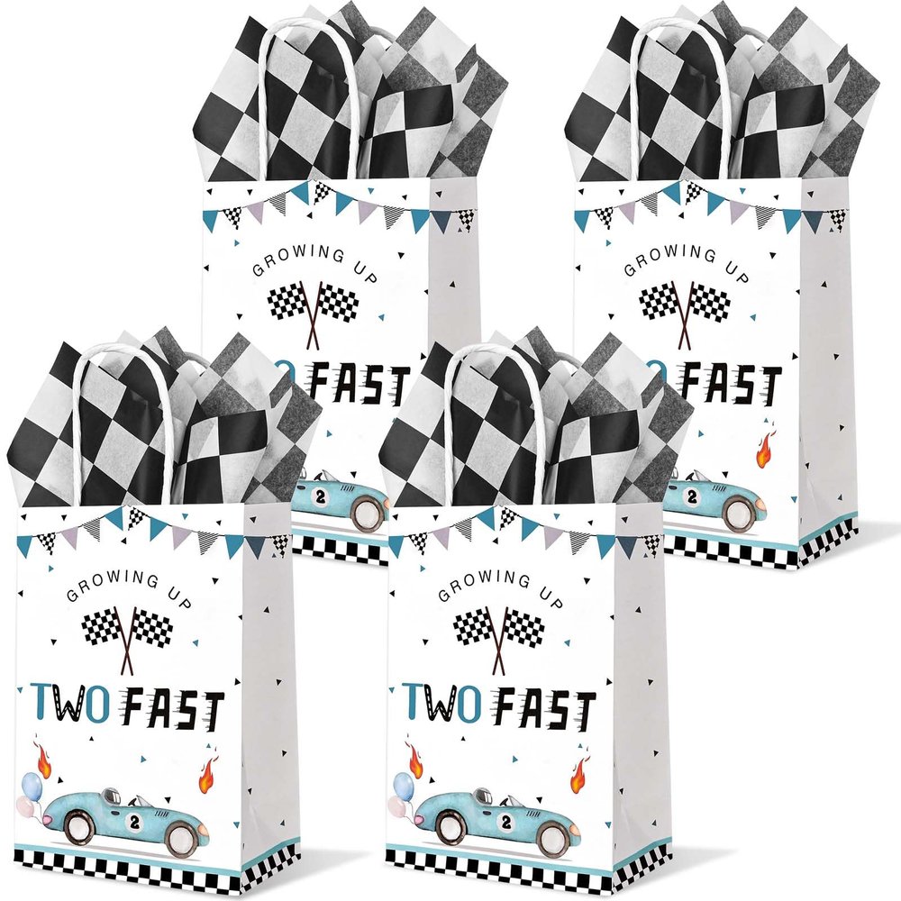 24PCS Two Fast Racing Car Birthday Gift Bags with Checkered Tissue Paper, Blue Race Car Checkered Favors Bag with Handles for 2nd Birthday Party Supplies