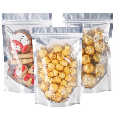 Muka 50 PCS Clear Front Foil Back Pouches, 6.75" x 9" Reusable Mylar Bags Food Storage Stand Up Pouch Bags