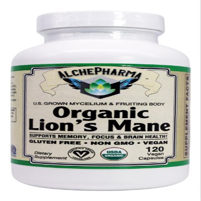 AlchePharma Lion's Mane Mushroom (Organic) 55% Polysaccharides Vegan 500 mg. per Capsule, 120 Count (Pack of 1)