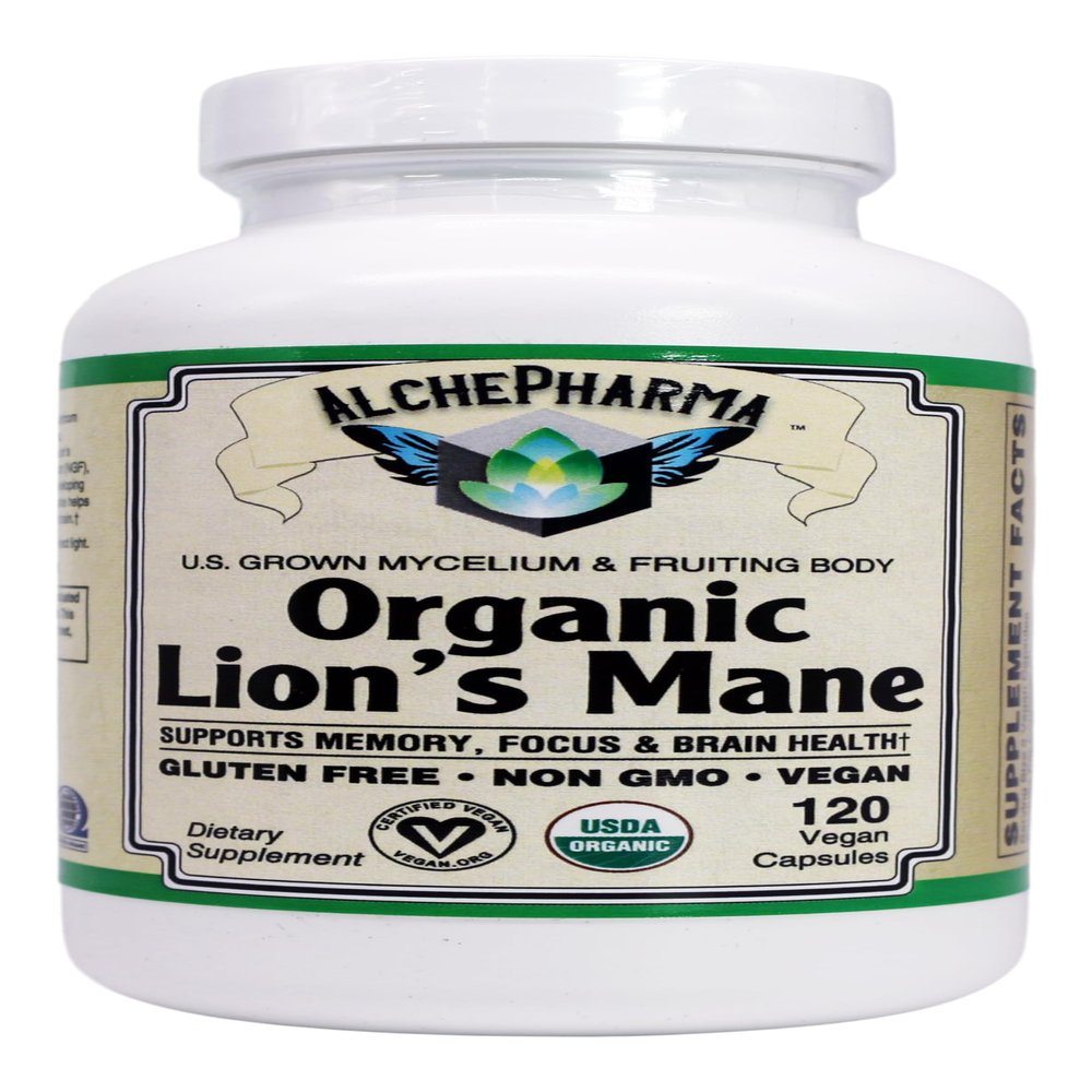 AlchePharma Lion's Mane Mushroom (Organic) 55% Polysaccharides Vegan 500 mg. per Capsule, 120 Count (Pack of 1)