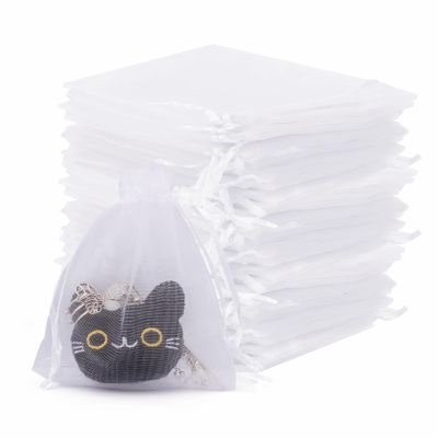 100 PCS White Organza Bags, Small Mesh Bags Drawstring, Jewelry Bag Drawstring, Mesh Gift Sachet Pouch Empty, Wedding Favor Bag for Baptism Party Favor Christmas Baby Shower(4x4.7)