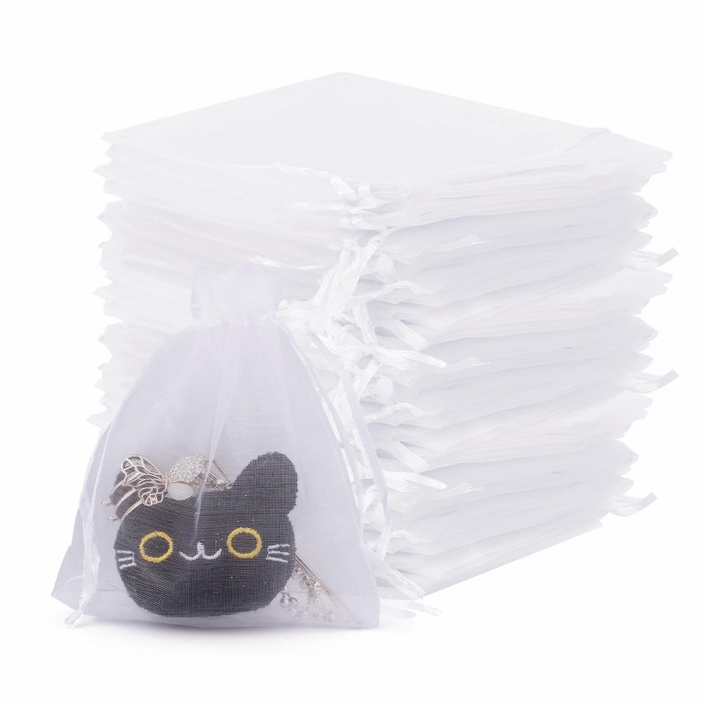 100 PCS White Organza Bags, Small Mesh Bags Drawstring, Jewelry Bag Drawstring, Mesh Gift Sachet Pouch Empty, Wedding Favor Bag for Baptism Party Favor Christmas Baby Shower(4x4.7)