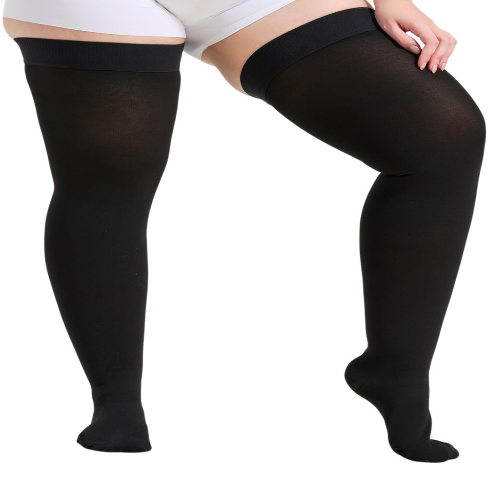Extra Wide 4XL 15-20 mmHg Compression Stockings for Men and Women, Over The Knee Compression Hose with Closed Toe, Dot-Top, Thigh High Length for Circulation, Arthritis, Edema, Swelling, Black