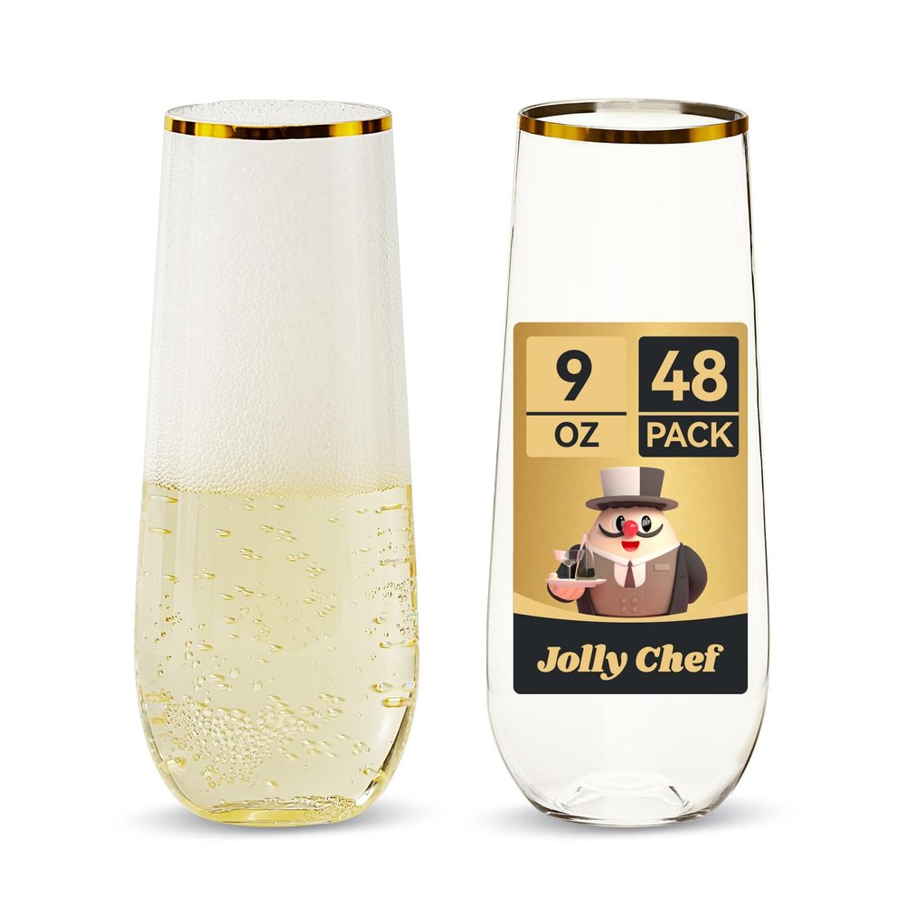 JOLLY CHEF 48 Pack Plastic Champagne Flutes, 9 oz Gold Stemless Champagne Flutes, Plastic Champagne Glasses, Shatterproof Recyclable Mimosa Glasses for Party, Wedding, Christmas, Birthday