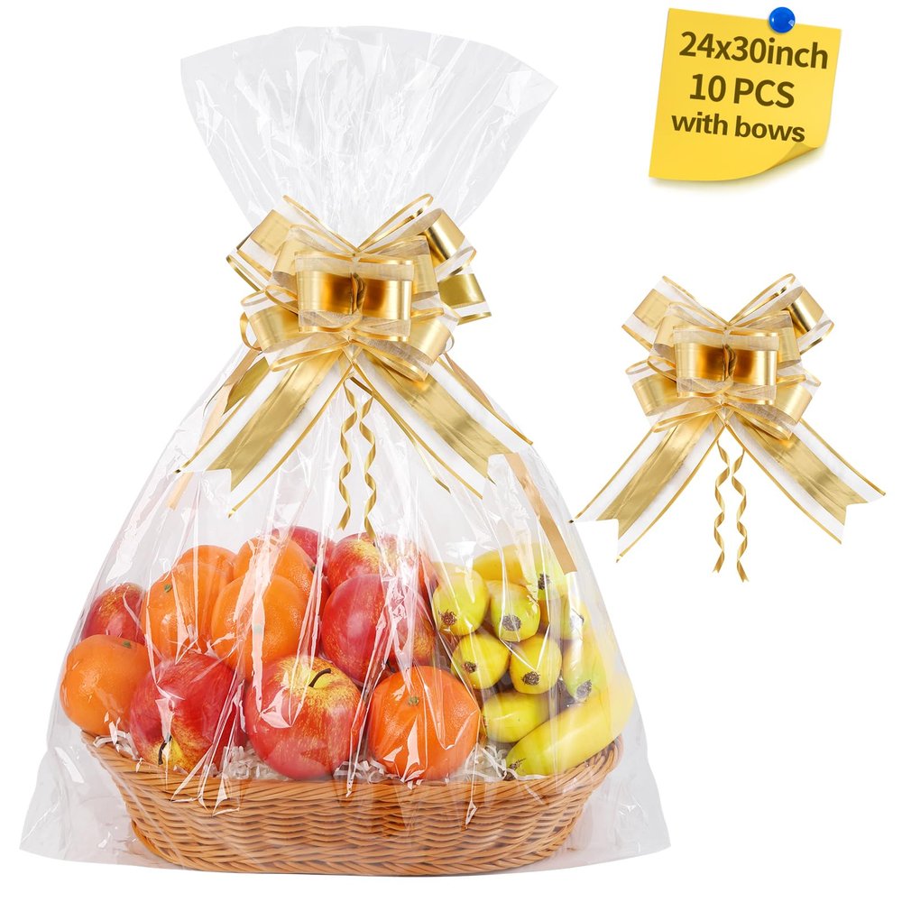 LEOSINDA 10 Pcs Large Cellophane Bags for Gift Baskets 24x30 Inches Plastic Clear Basket Bags, Cellophane Wrap for Gift Baskets With 10 Gold Ribbons for Cookie Candy Goodie