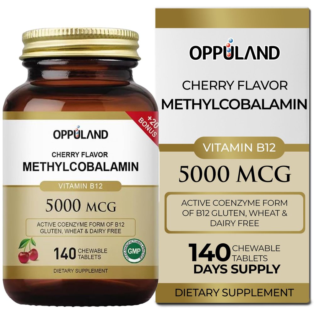 oppuland Methyl B-12 5000mcg Chewable with Folate - Vitamin B12 Methylcobalamin Sublingual Tablets - Supports Energy & Brain Function - Vegan Supplement - Cherry Flavor - 140 Count