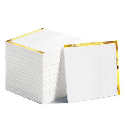 200 Pcs 2 Ply White Napkins with Gold Trim Cocktail Napkin Gold Foil Beverage Napkins Dessert Disposable Decorative Cocktail Napkin Paper for Wedding Birthday Anniversary