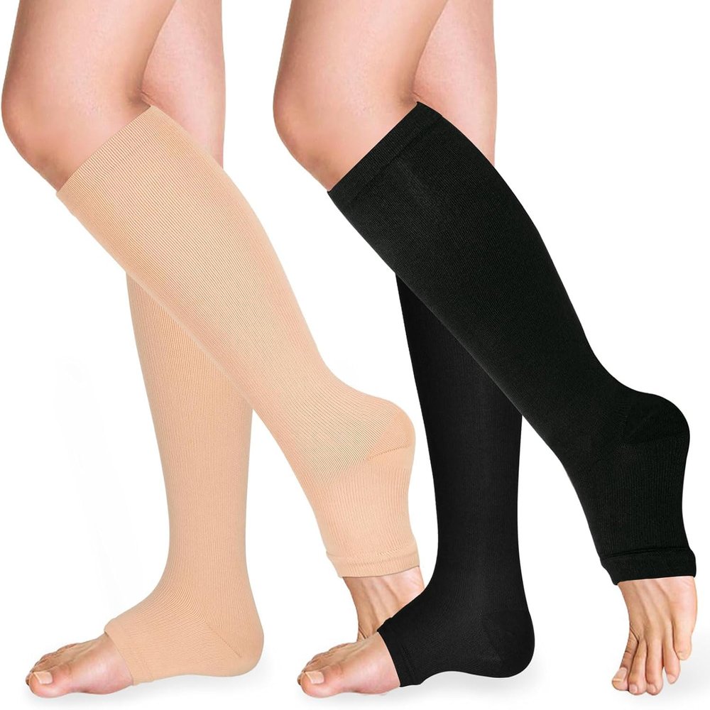 TZYSOKC Open Toe Compression Socks 15-20 mmHg for Women and Men Knee High Toeless Circulation Compression Stockings(BN 2xl)