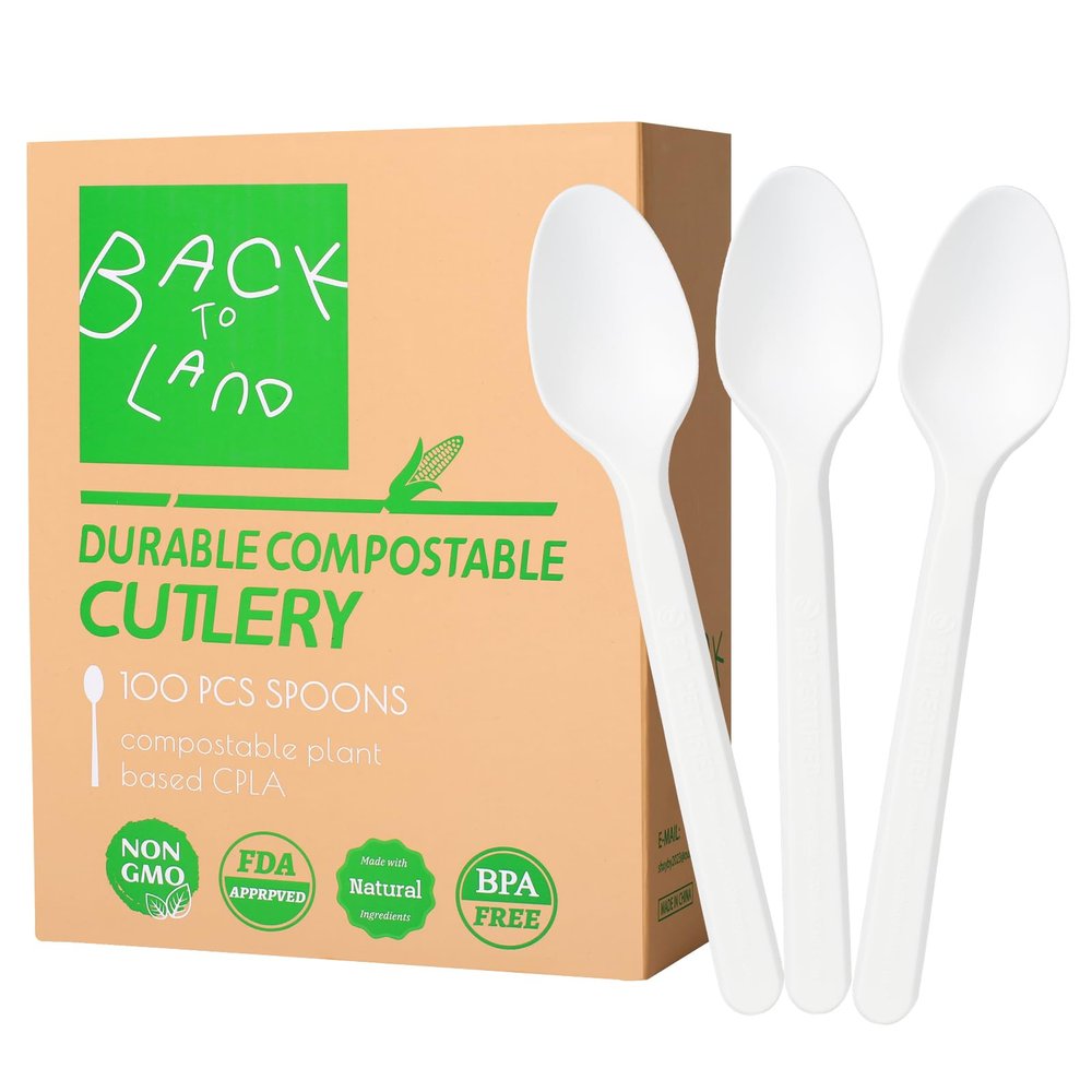 BACK TO LAND 100% Compostable Disposable Silverware 100pcs, Compostable Spoons Bulk, Serving Utensils Set for Parties, Heavy Duty Eating Cutlery for Camping, Picnics