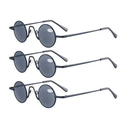 3 Pairs of 34mm Creative Small Round Black Reading Glasses Mini Round Frame Gray Sunglasses Retro Spring Hinge Lightweight 17g Metal Readers +2.50