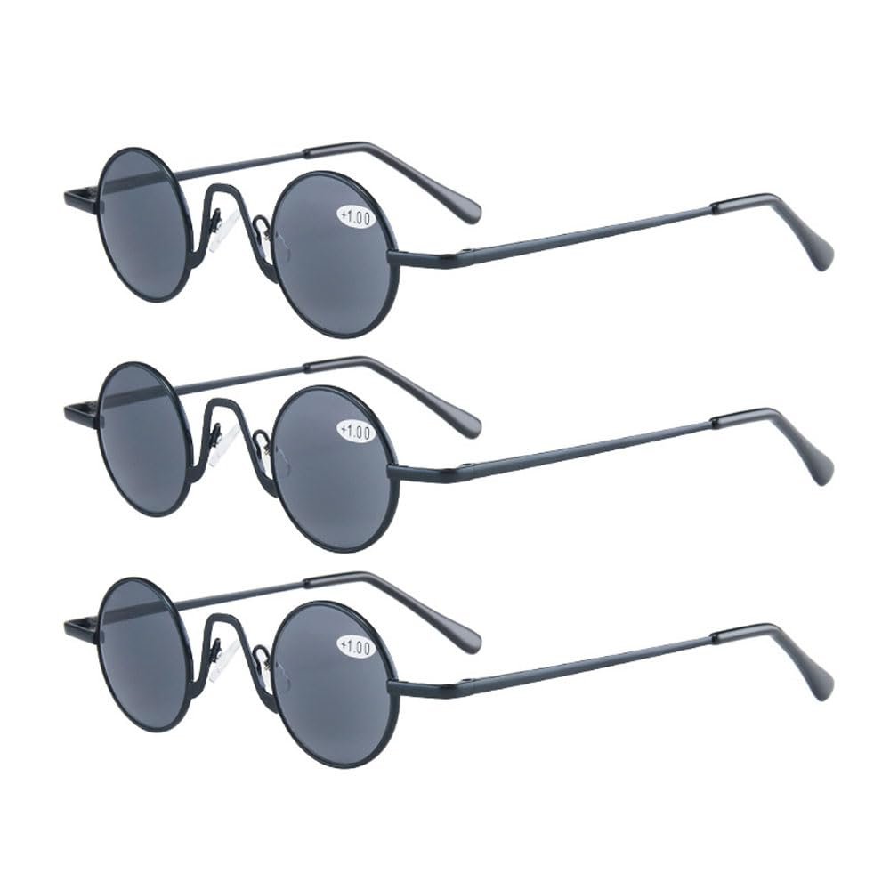 3 Pairs of 34mm Creative Small Round Black Reading Glasses Mini Round Frame Gray Sunglasses Retro Spring Hinge Lightweight 17g Metal Readers +2.50