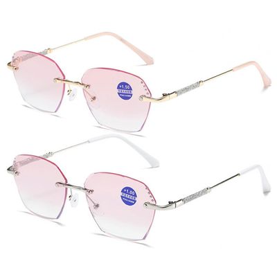 XINGNIAN 2 Pairs of New Rimless Diamond Trimming Anti-Blue Light Reading Glasses Fashion Metal Gradient Pink Sunglasses Readers