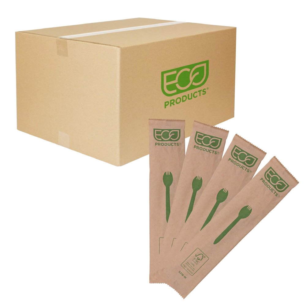 Eco-Products Renewable & Compostable 6.5" Wood Sporks, Case of 500, FSC Certified Individually Wrapped Wooden Spork, Hot & Cold Food Friendly, Ridge Molded Into Handle For Better Grip and Strength