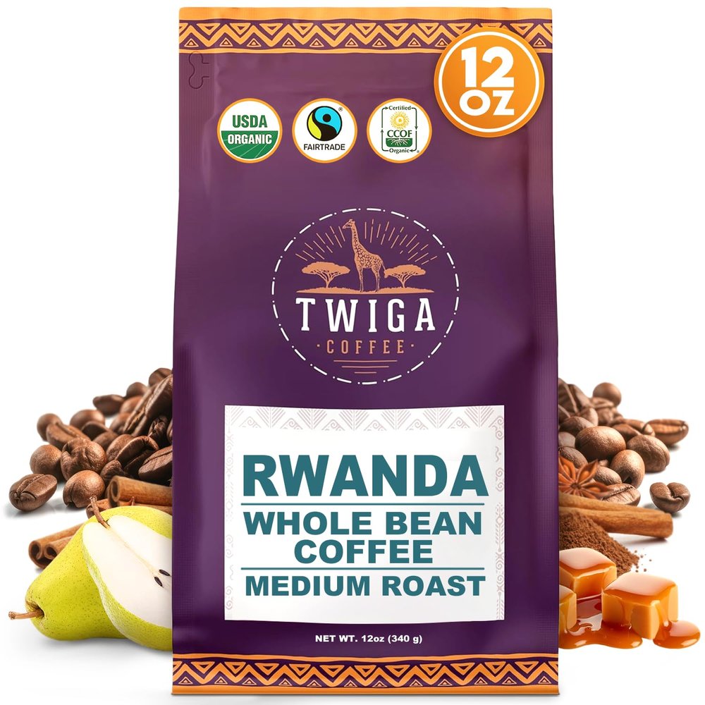 Twiga Coffee Rwandan Whole Bean Organic Medium Roast Arabica with Caramel, Cinnamon & Citrus Flavor Notes Single Origin Fresh Roasted Rwandan Coffee for a Smooth, Bold Cup 12 oz
