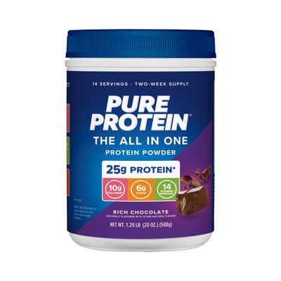 Pure Protein All-In-One Powder, Rich Chocolate - Whey & Collagen, High Fiber, Vitamins, No Added Sugar, Non-GMO, Gluten-Free, 1.25lb