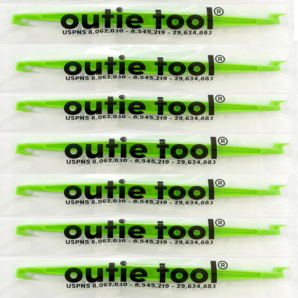 Outie Tool | 2 in 1 Clear Aligner Invisible Braces Removal Tool | Retainer Remover | Patented Design | (Neon Green Individually wrapped singles, Pack of 7)