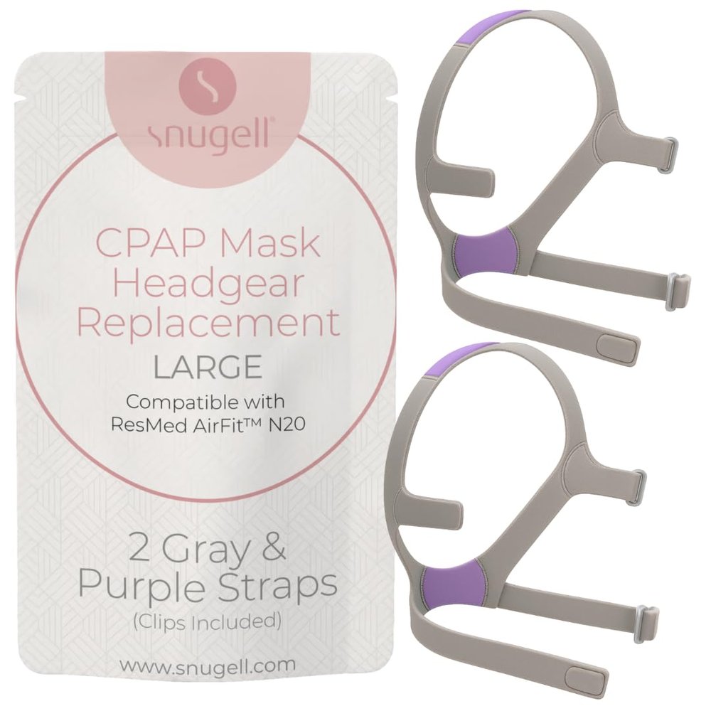 2-Pack Replacement Headgear Strap for N20 Nasal Pillow CPAP Mask, Snugell CPAP Headgear Compatible with AirFit and AirTouch N20 - Premium Nylon Headband - Large - Grey & Purple - Clips Not Included