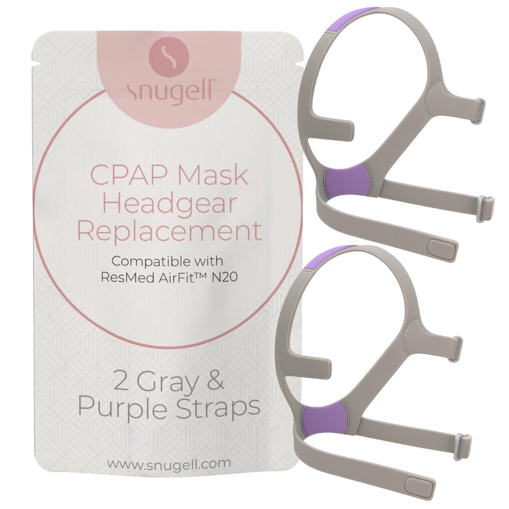 2-Pack Replacement Headgear Strap for N20 Nasal Pillow CPAP Mask, Snugell CPAP Headgear Compatible with AirFit and AirTouch N20 - Premium Nylon Headband - Medium - Grey & Purple - Clips Not Included