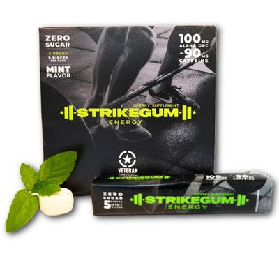 Strike Gum 5 packs of 5 Pieces |90mg natural caffeine|100mg alpha gpc| Sugar Free| Vegan | Made in the USA | Premium Energy Gum