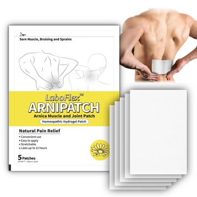Arnica Hydrogel Pain Relief Patches | Natural Relief for Muscle, Joint, Bruises & Swelling | Flexible, Non-Greasy & Long-Lasting | Great for Back, Knee & Neck Pain (3.9"x4.7", 5, Count)