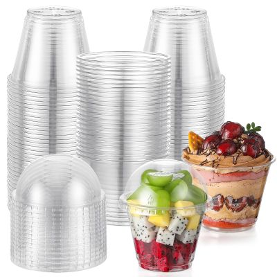 AOZITA 50 Sets, 9 oz Clear Plastic Cups with Dome Lids (No Hole) - Disposable Cups for Ice Cream,Cake,Fruit,Parfait, Dessert, Pudding and Jello Shot