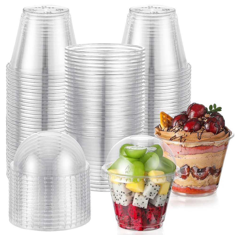 AOZITA 50 Sets, 9 oz Clear Plastic Cups with Dome Lids (No Hole) - Disposable Cups for Ice Cream,Cake,Fruit,Parfait, Dessert, Pudding and Jello Shot