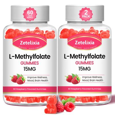 Zetelixia 2 Pack L-Methylfolate 15mg & Methyl B12 Gummies, Folate Supplement for Brain Health, Mood & Immunity, DNA Synthesis & Repair, Sugar Free, Vegan, Raspberry Flavor, 120 Count
