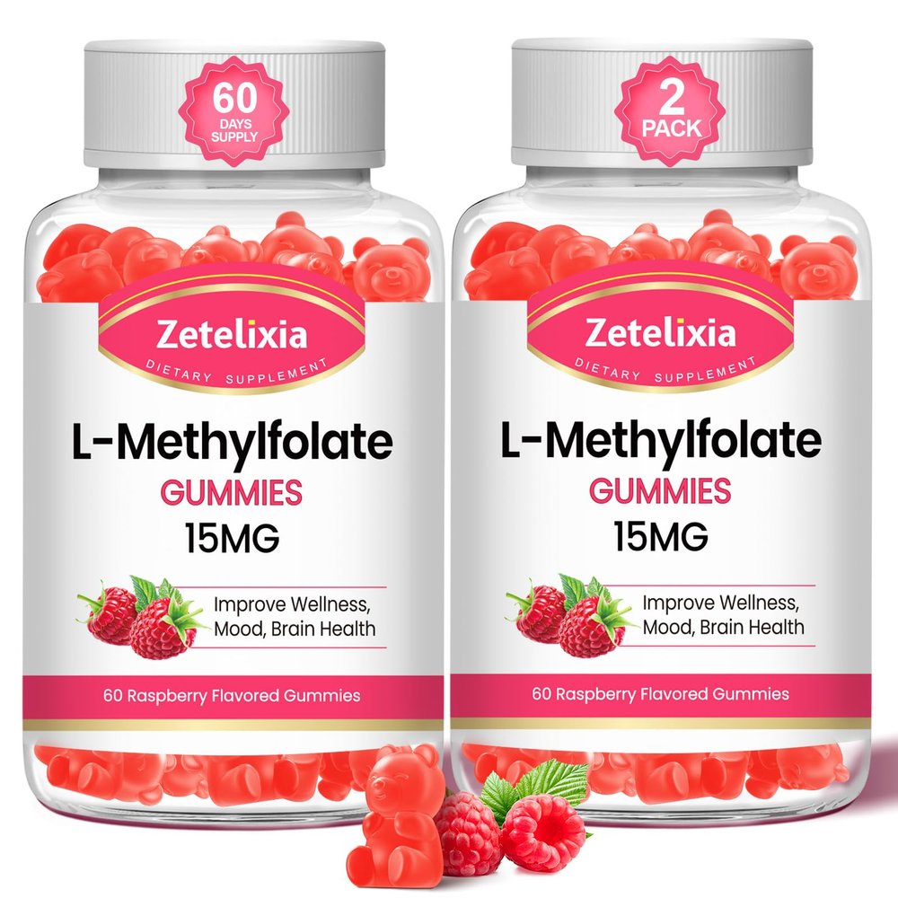 Zetelixia 2 Pack L-Methylfolate 15mg & Methyl B12 Gummies, Folate Supplement for Brain Health, Mood & Immunity, DNA Synthesis & Repair, Sugar Free, Vegan, Raspberry Flavor, 120 Count