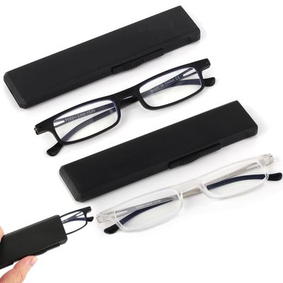TOVEEN 2 Pack Compact Folding Reading Glasses Anti Blue Light UV, Ultra-thin Slim TR90 Readers with Portable Flat Case for Men Women Clear/Black +1.5