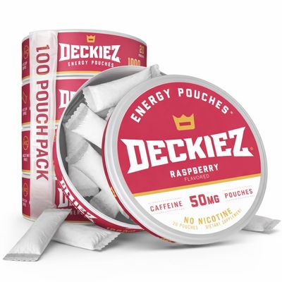 Deckiez Energy Pouches, 5 Cans (100 Pouches), Sugar Free Caffeine Supplement, Coffee Pouches & Energy Drink Alternative, 50mg Caffeine Pouches, Raspberry Flavor