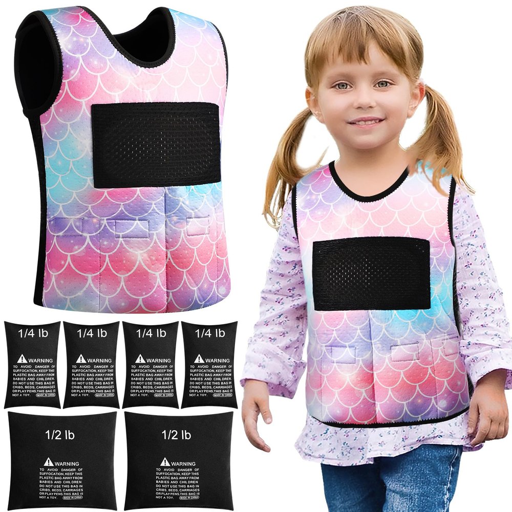 Janmercy Weighted Vest for Kids Ages 4 to 7 and Ages 8+ Boy Girl Adjustable Breathable Compression Vest for Processing Issue(Mermaid,Small,Tie-dye)