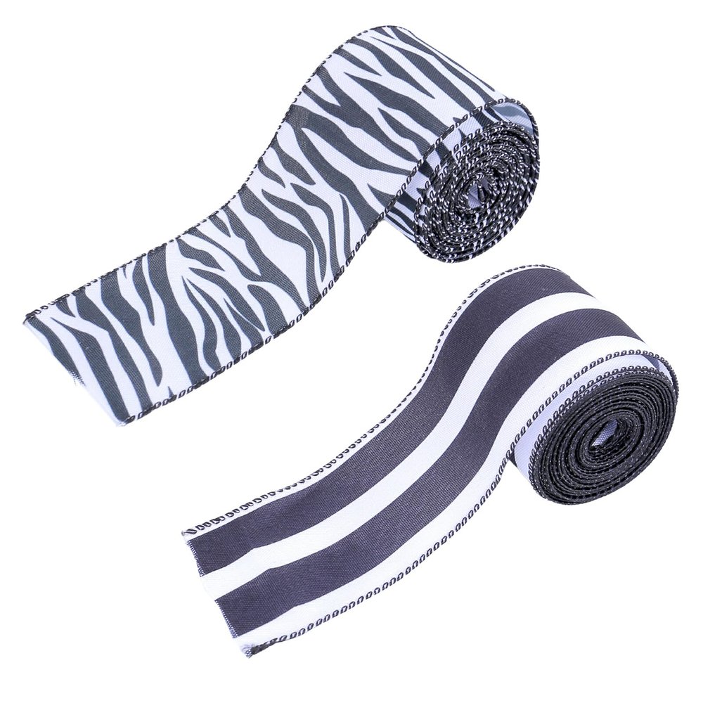 2 Rolls Black and White Checkered Stripe Wired Ribbons Christmas Striped Ribbon Zebra Print Buffalo Plaid Ribbon for Gift Wrapping Birthday Party Decoration DIY Crafts(Stripe)