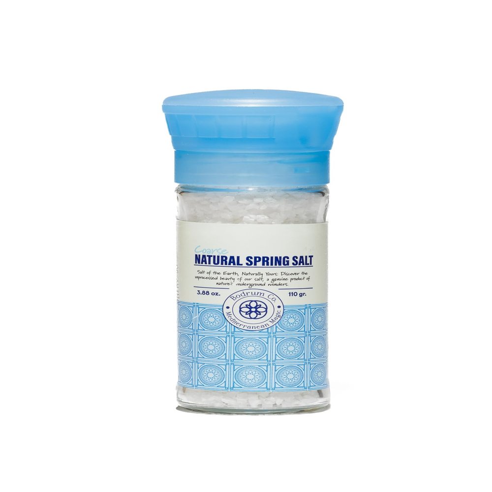 3.8oz Bodrum Co. Natural Spring Salt Grinder - Premium Unrefined Mineral, Low Sodium, 84 Essential Minerals, Pollution-Free, Kosher Certified