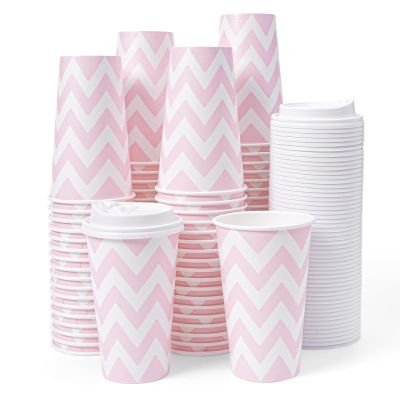 Tamone 100 PACK 16OZ Disposable Coffee Cups with Lids, To Go Coffee Cups with Lids Leak Proof, Pink Paper Cups for Cold/Hot Beverage Chocolate Cocoa for Home Office Party