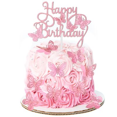 13pcs Happy Birthday Cake Topper for Girls Women's Pink Cake Decorations Wedding Butterfly Beautiful Glitter Butterfly Party Supplies Cupcake Decorators Suitable for Girls Birthday Celebrations