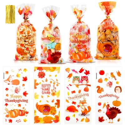 Yicelerate 100 Pack Thanksgiving Treat Bags, Fall Treat Bags, Thanksgiving Candy Bag Plastic Cellophane Goodie Autumn Pumpkin Maple Leaves Cookie Gift Bag with Twist Party Favors Supplies