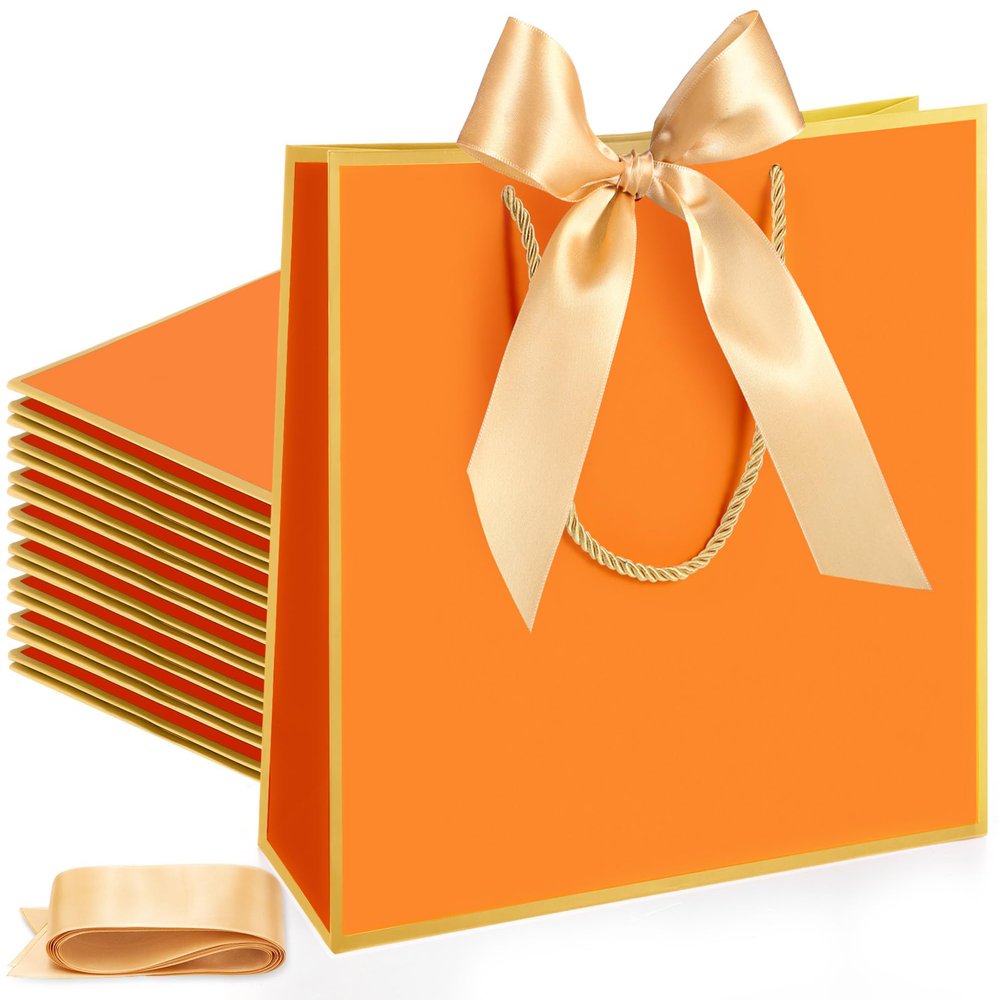 Silkfly Thank You Gift Bags with Handle 12x10x4'' Welcome Return Gifts Bag with Bow Ribbon for Wedding Bridesmaid Baby Shower Birthday Housewarming Employee Appreciation Day(Orange, Gold,12 Pcs)